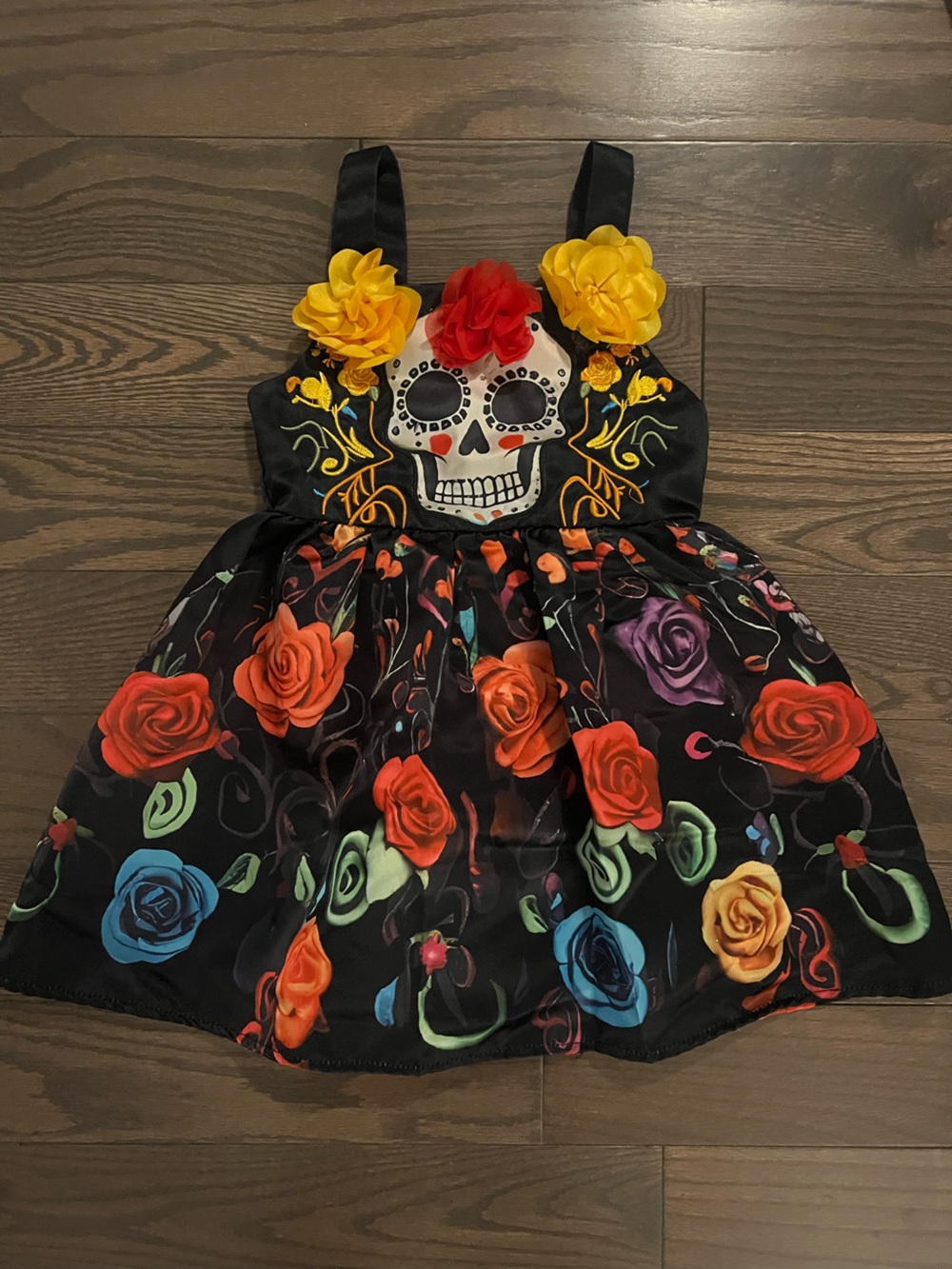 Halloween Girls' Black Floral Day of the Dead Dress with Colorful Rose Print 3T